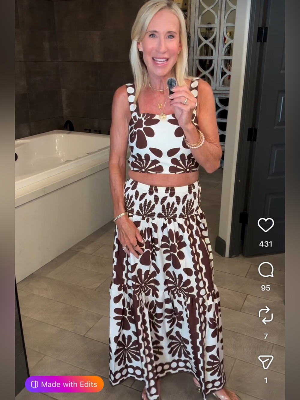 Commense Brown Floral Maxi Skirt Set- Women's Boho Size Small